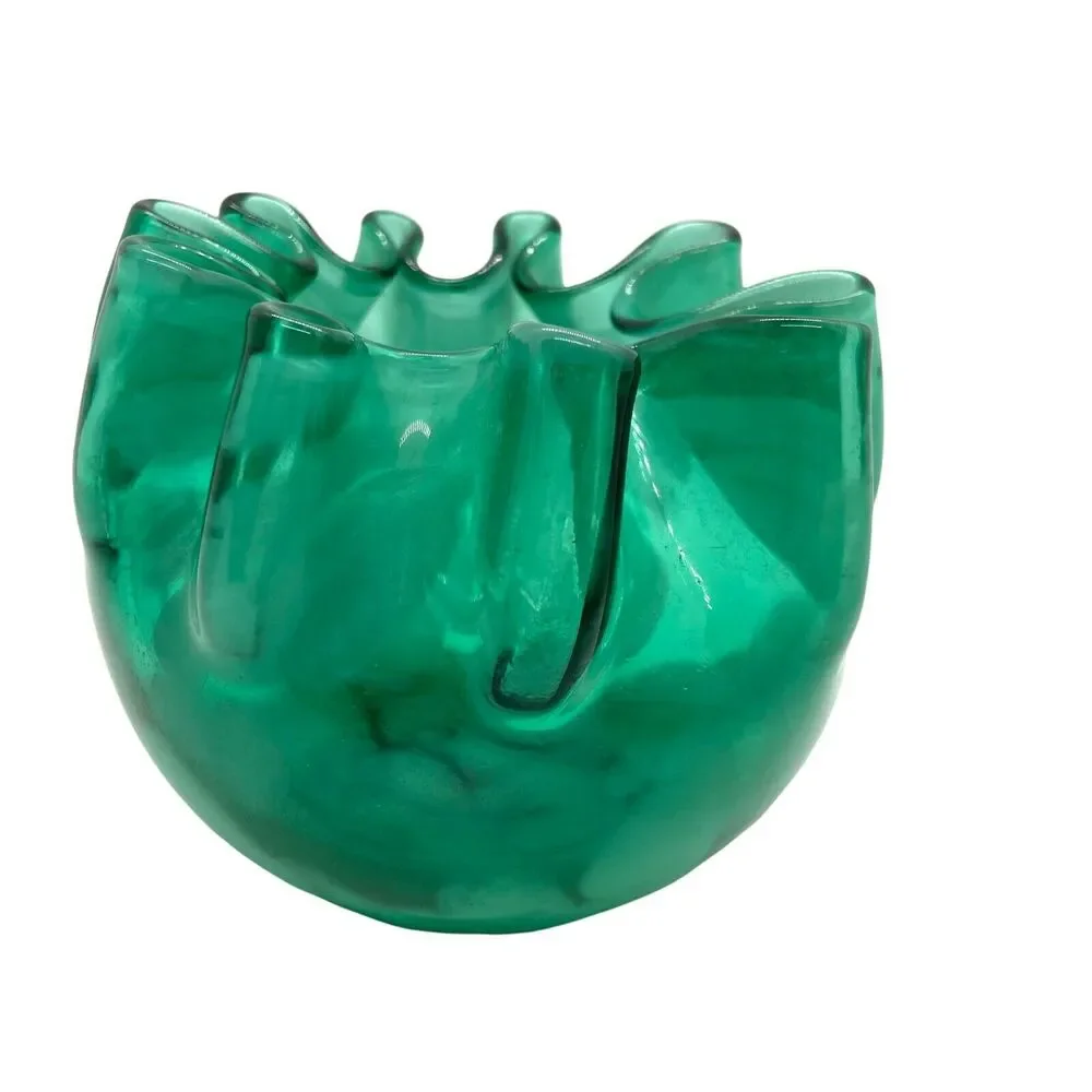 Art Glass Pinch Pot Vase Bowl Handmade Green Hand Blown Decorative Heavy